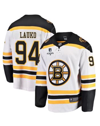 Jakub Lauko 94 Boston Bruins Stanley Cup 2023 Playoffs Patch Away Breakaway Men Jersey - White