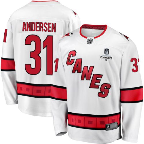 Frederik Andersen 31 Carolina Hurricanes Stanley Cup 2023 Playoffs Patch Away Breakaway Men Jersey - White