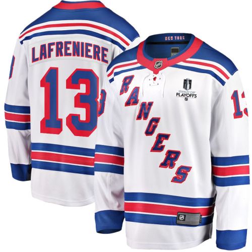 Alexis Lafreniere 13 New York Rangers Stanley Cup 2023 Playoffs Patch Away Breakaway Men Jersey - White