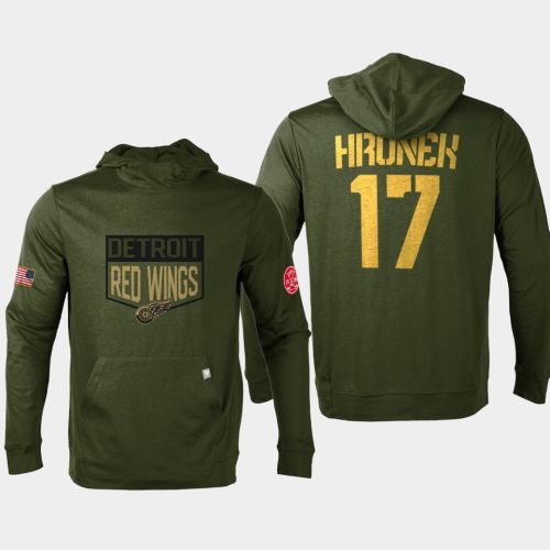 Detroit Red Wings 17 Filip Hronek Military Olive Equipment Pullover Hoodie Olive