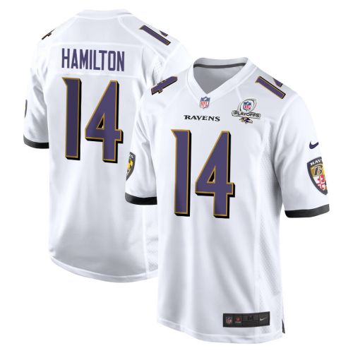 Kyle Hamilton 14 Baltimore Ravens 2023 Playoffs Patch Game Men Jersey - White