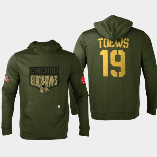 Jonathan Toews 19 Chicago Blackhawks 2022 Salute to Service Men's Pullover Hoodie Olive