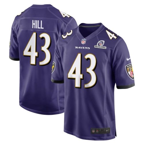 Justice Hill 43 Baltimore Ravens 2024 Divisional Patch Game Men Jersey - Purple