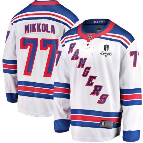 Niko Mikkola 77 New York Rangers Stanley Cup 2023 Playoffs Patch Away Breakaway Men Jersey - White