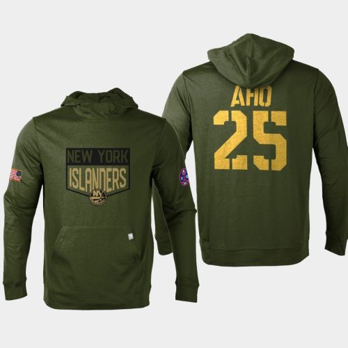 New York Islanders 25 Sebastian Aho 2022 Salute to Service Olive Pullover Hoodie