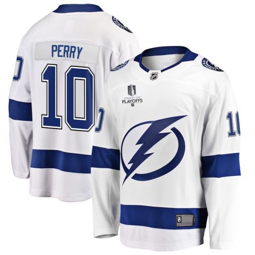 Corey Perry 10 Tampa Bay Lightning Stanley Cup 2023 Playoffs Patch Away Breakaway Men Jersey - White