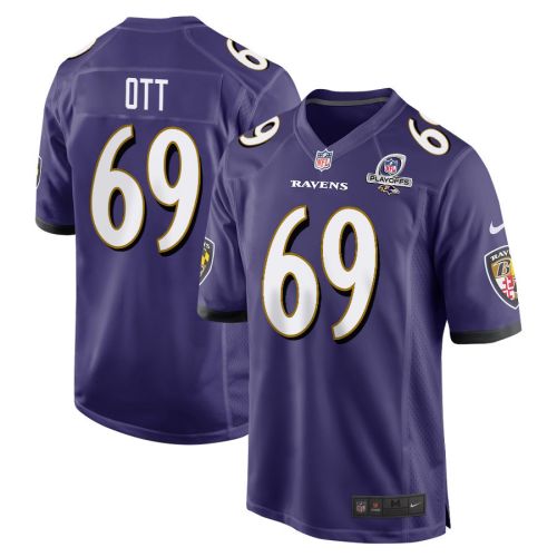 Tyler Ott 69 Baltimore Ravens 2023 Playoffs Patch Game Men Jersey - Purple