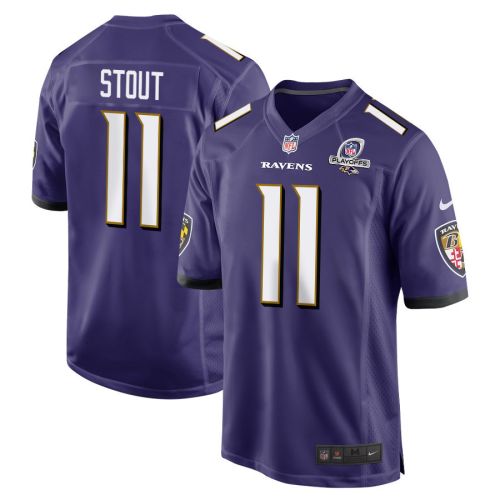 Jordan Stout 11 Baltimore Ravens 2023 Playoffs Patch Game Men Jersey - Purple