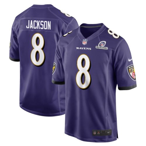 Lamar Jackson 8 Baltimore Ravens 2024 Divisional Patch Game Men Jersey - Purple