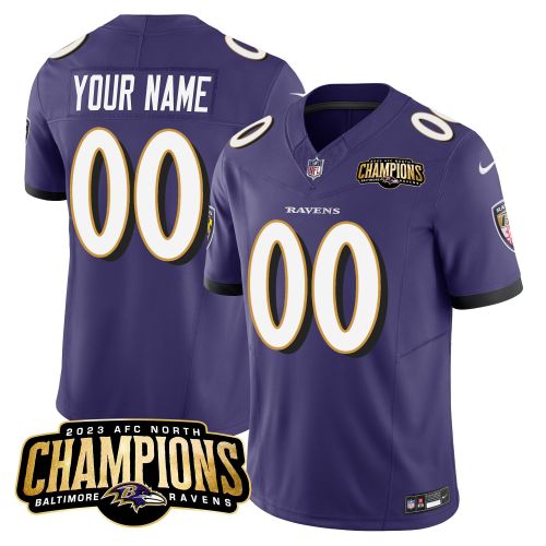 Baltimore Ravens 2023 AFC North Champions Patch Game Men Custom Jersey - Purple