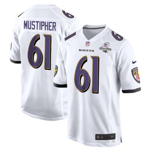 Sam Mustipher 61 Baltimore Ravens 2023 Playoffs Patch Game Men Jersey - White