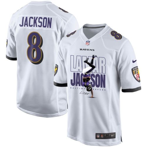 Lamar Jackson 8 Baltimore Ravens Lamar the Merrier Game Men Jersey - White